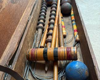 Antique Milton Bradley Croquet Set in Wooden Box