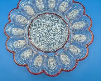 Indiana Glass Hobnail Deviled Egg Plate with Red Trim