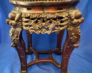 Antique Chinese Carved Rosewood Marble Top Pedestal Stand