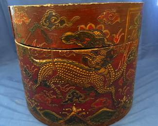 Antique Chinese Red Lacquer Dragon Motif Lidded Hat Box