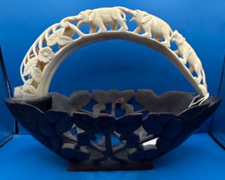 Carved Bone Handle Elephant Procession Basket on Dark Wood Base