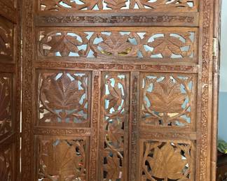 Vintage Hand-Carved Teak Three-Panel Folding Wood Screen
