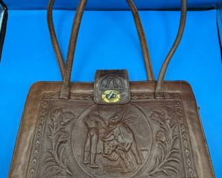 Vintage Hand-Tooled Leather Bullfighter Handbag from Mexico