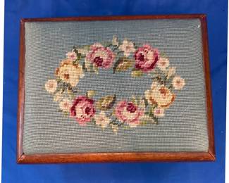 Antique Mahogany Footstool with Floral Needlepoint and Scroll Feet