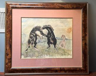 Erich Wiethase Watercolor Painting of Fighting Horses