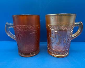 Dugan Glass Stork and Rushes Carnival Glass Mugs