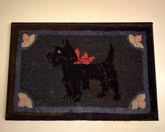 Vintage Scottish Terrier Hooked Rug Wall Hanging with Red Bow