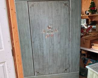 Painted Pine Wardrobe and Matching Wall Shelf with Folk Art Motifs