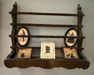 Vintage Hand-Carved Wooden Plate Rack with Silhouette Art Collection