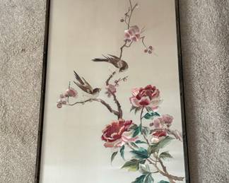 Vintage Chinese Silk Embroidery Panel with Birds and Peonies