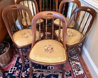 Set of 6 Vintage Spindle-Back Dining Chairs with Floral Needlepoint Seats