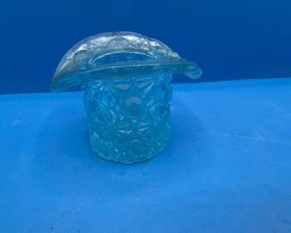 Vintage Blue Glass Hen on Nest Covered Dish and Novelty Hat Toothpick Holder