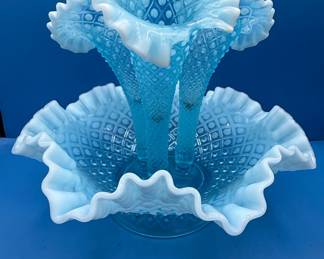 Fenton style Blue Opalescent Diamond Lace Hobnail Epergne
