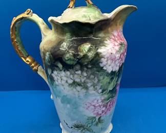 Antique Hand-Painted Limoges Porcelain Chocolate Pot with Violets and Hydrangeas