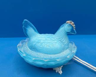 Vintage Blue Glass Hen on Nest Covered Dish and Novelty Hat Toothpick Holder