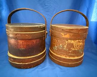 Pair of Antique Wooden Pantry Buckets (Firkins) with Partial Stenciled Label