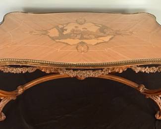 French Louis XV Style Marquetry Coffee Table with Brass Gallery and Ormolu Mounts