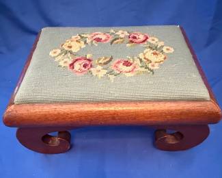 Antique Mahogany Footstool with Floral Needlepoint and Scroll Feet