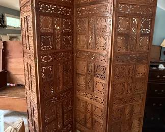 Vintage Hand-Carved Teak Three-Panel Folding Wood Screen