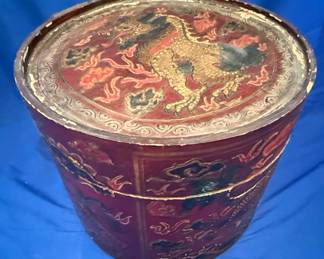 Antique Chinese Red Lacquer Dragon Motif Lidded Hat Box