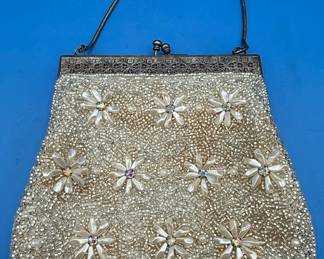 Vintage Beaded Evening Bag with Floral Appliqués and Rhinestone Centers