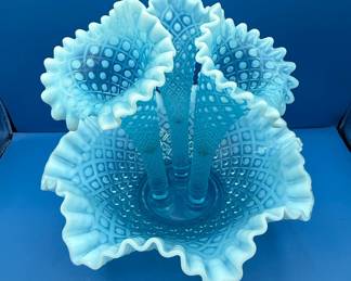 Fenton style Blue Opalescent Diamond Lace Hobnail Epergne