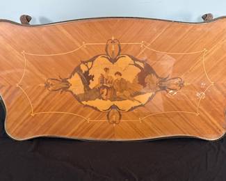 French Louis XV Style Marquetry Coffee Table with Brass Gallery and Ormolu Mounts