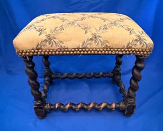 Antique English Oak Barley Twist Stool with Tapestry Upholstery