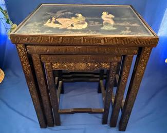 Set of 4 Vintage Chinese Black Lacquer Mother-of-Pearl Inlay Nesting Tables