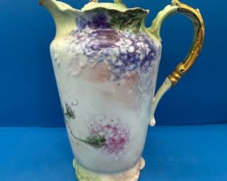 Antique Hand-Painted Limoges Porcelain Chocolate Pot with Violets and Hydrangeas