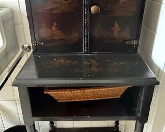 Vintage Chinoiserie Black Lacquer Cabinet on Stand