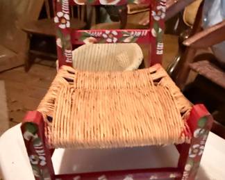 Vintage Mexican Folk Art Hand-Painted Child's Chair with Rush Seat