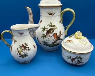 Herend Rothschild Bird Porcelain Coffee Pot, Sugar Bowl, and Creamer Set
