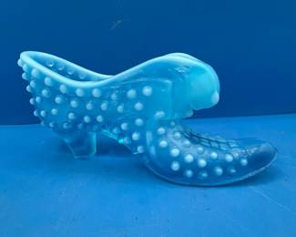 Fenton Blue Opalescent Hobnail Cat Head Glass Shoe