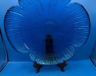 Cobalt Blue Flower Shaped Pressed Glass Bowl