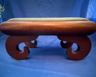 Antique Mahogany Footstool with Floral Needlepoint and Scroll Feet