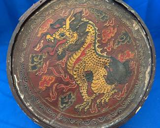 Antique Chinese Red Lacquer Dragon Motif Lidded Hat Box