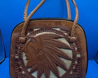 Vintage Hand-Tooled Leather Native American Chief and Feather Headdress Handbag