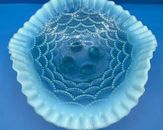 Northwood Blue Opalescent Beaded Drape Footed Bowl
