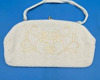 Vintage White Seed Bead Clutch with Floral Motif