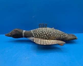 Vintage Hand-Carved Wooden Loon Decoy with Metal Wire Fixture