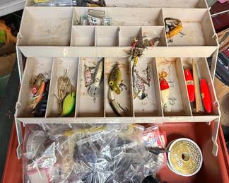 Vintage Fishing Tackle Box with Assorted Lures and Accessories
