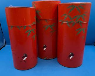 Vintage Japanese Red Lacquer Tea Caddy Set with Bamboo and Birds