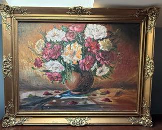 Floral Still Life Oil Painting Signed by T. Mura in Ornate Gilt Frame