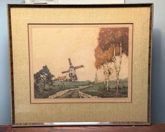 H. Hukkelhoven Etching of Dutch Windmill - "Molen te Weesp"