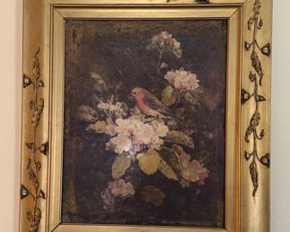 Vintage Oil Painting of Bird and Flowers in Ornate Gilt Frame