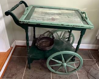 Vintage Painted Rolling Tea Cart with Removable Tray and Scene