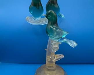 Murano Glass Three Birds on Branch Sculpture with Gold Aventurine