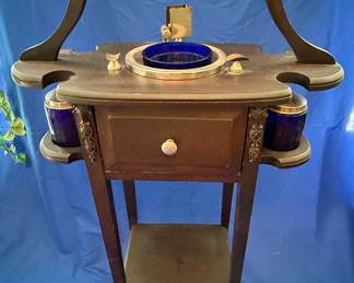 Vintage Smoking Stand with Cobalt Blue Glass Inserts and Drawer