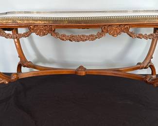 French Louis XV Style Marquetry Coffee Table with Brass Gallery and Ormolu Mounts
